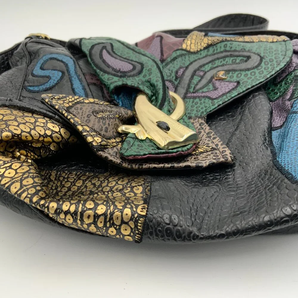 Rare Vintage Genuine Leather Patchwork Grenouille Shoulder Bag Black Multi